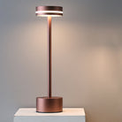 Modern copper LED table lamp with sleek cylindrical design, soft ambient lighting, and minimalist style, perfect for contemporary home decor.