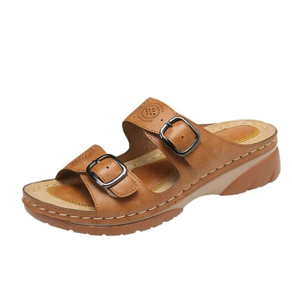 Orthopedic women's sandal, brown leather, double buckle design, cushioned sole, comfortable footwear, ideal for casual wear.