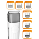 Electric hair clipper with six detachable limit combs (3mm, 6mm, 9mm, 12mm, 18mm, 23mm) for precise hair trimming and styling.