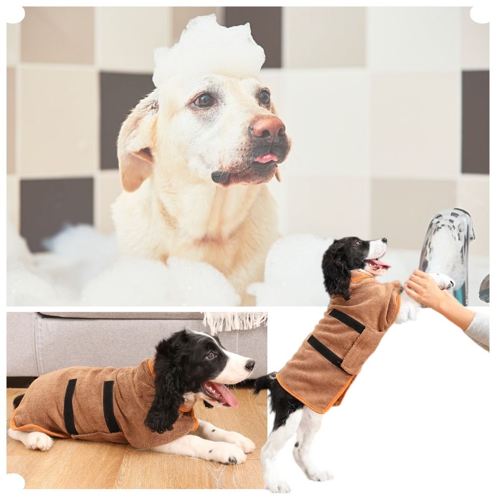 Dog bath care kit featuring a Labrador with soap suds, and a Spaniel in a brown absorbent robe. Perfect for pet grooming and drying.