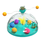 Interactive pet toy with colorful balls and feather inside a transparent dome, designed to entertain cats. Perfect for reducing pet boredom.