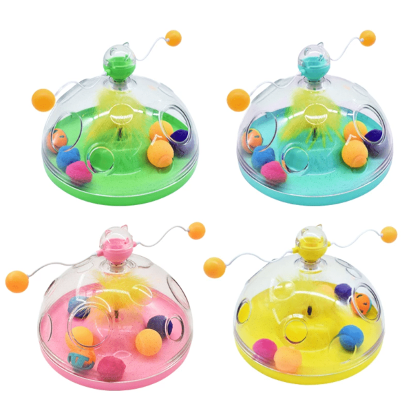 Colorful pet windmill toy with rotating dome, interactive balls, and suction base. Ideal for cat entertainment and mental stimulation.