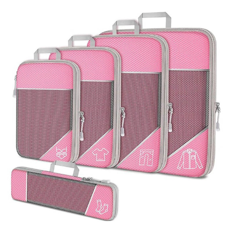 Set of pink compression packing cubes with zippers, featuring icons for clothing organization. Ideal for travel, luggage organization, and space-saving packing.