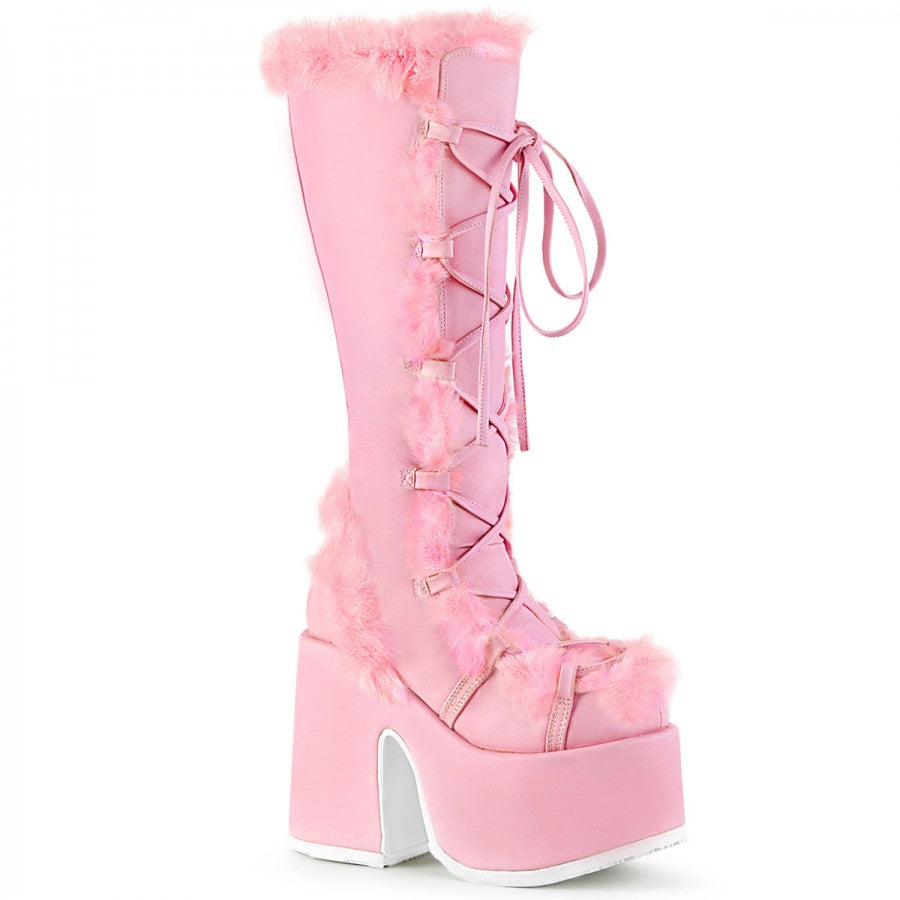 Pink fur-trimmed platform boots with lace-up design, high chunky heels, and camel accents. Trendy footwear for fashion-forward style enthusiasts.