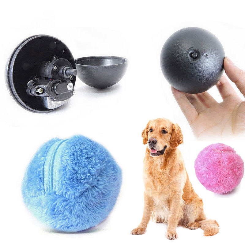 Interactive dog toy set with motorized ball, blue and pink plush covers, and a golden retriever. Perfect for pet playtime and exercise.