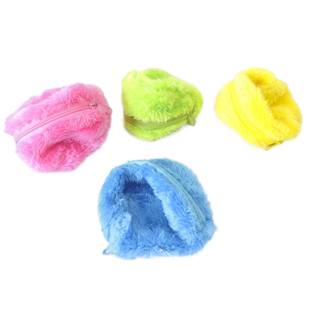 Colorful fluffy coin purses in pink, green, yellow, and blue with zippers. Soft, plush design ideal for storing small items. Perfect for kids.