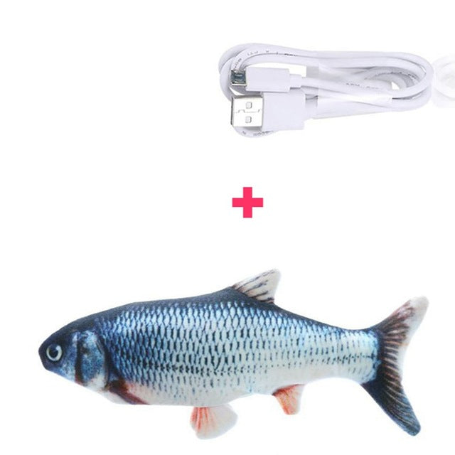 USB charging cable and realistic fish toy for cats, interactive pet accessory, durable plush design, perfect for playful indoor entertainment.