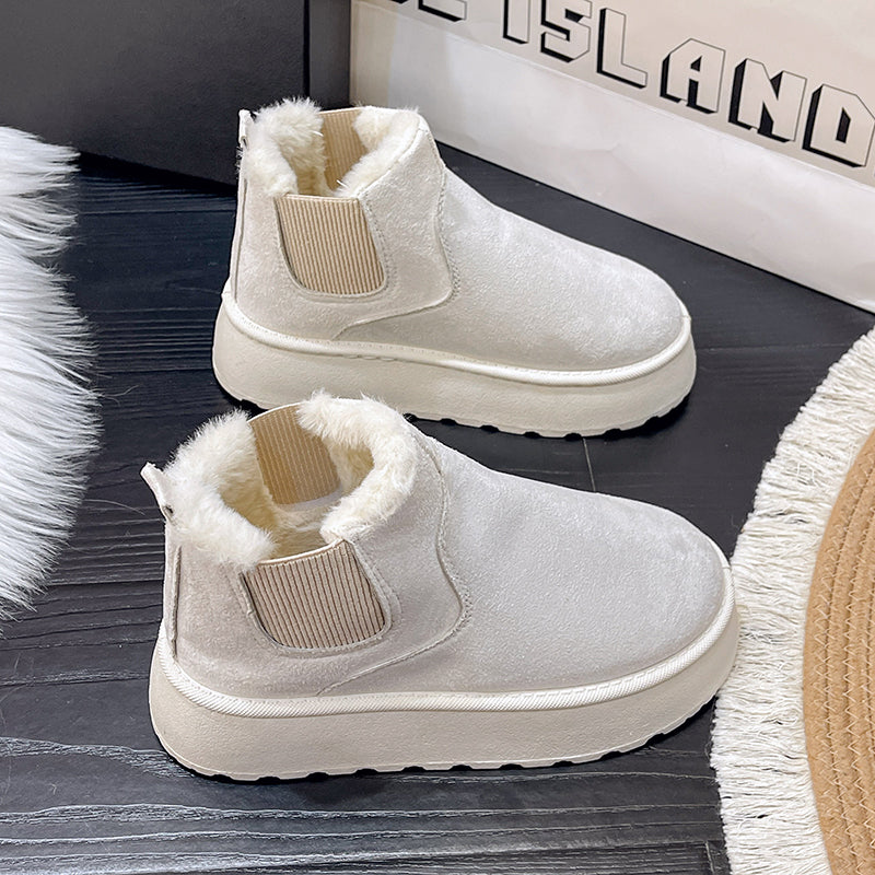 Women's winter snow boots, plush warm lining, anti-slip, waterproof, casual slip-on ankle design, beige color, ideal for cold weather.