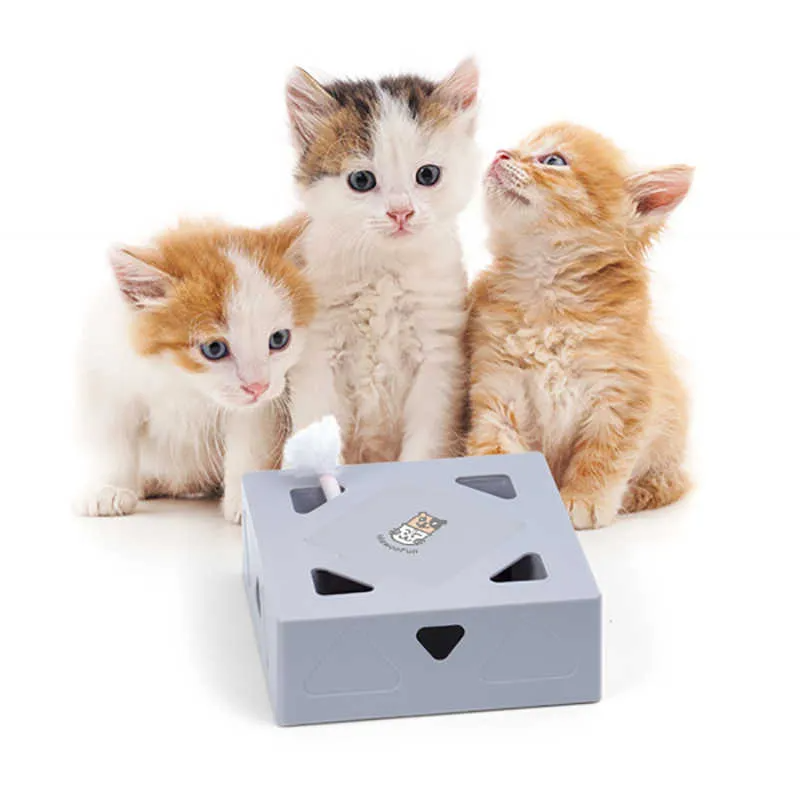 Three adorable kittens interacting with a gray interactive cat toy featuring a moving feather, perfect for playful pet entertainment and engagement.