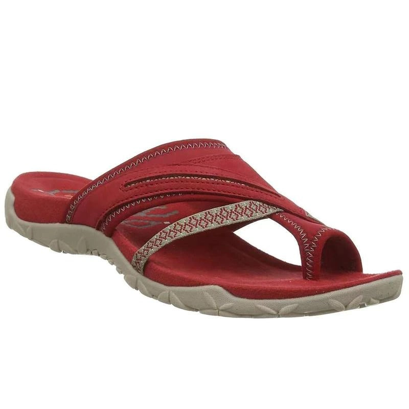 Red women's summer sandals, plus size, flat design with crisscross straps and cushioned sole, ideal for casual wear and comfort in 2022.