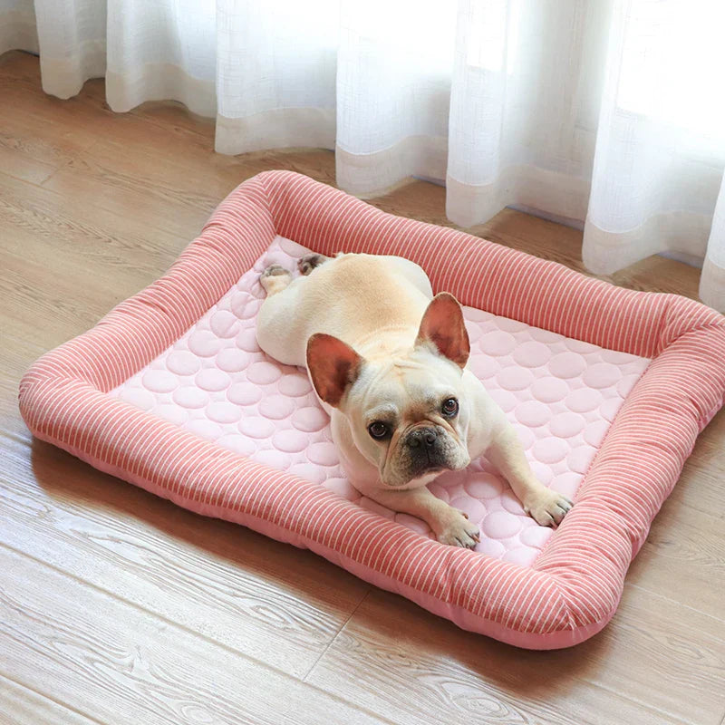 French Bulldog lying on a pink dog bed with a quilted design, placed on a wooden floor near sheer curtains. Cozy pet bedding, home decor.