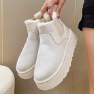 White winter ankle boots with plush lining, slip-on design, and thick soles. Cozy footwear for cold weather. Women's fashion boots.