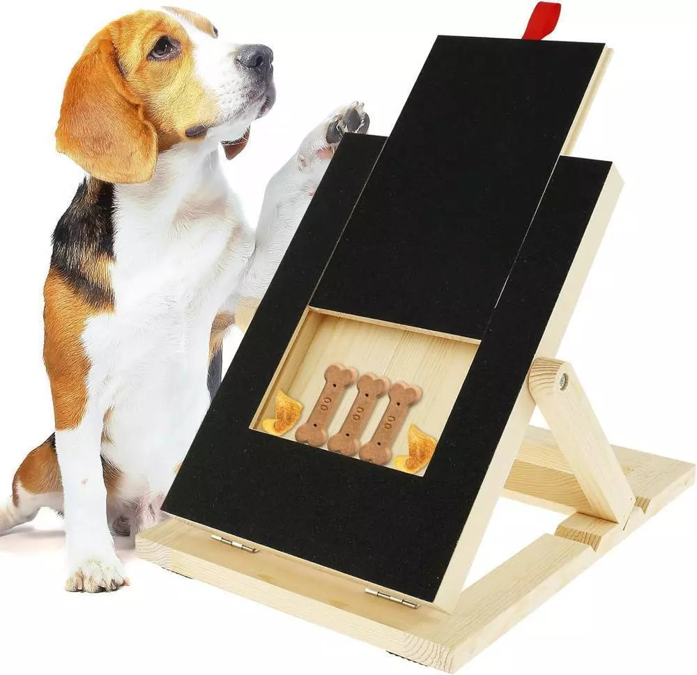 Beagle dog interacting with a wooden puzzle board featuring hidden treat compartments, promoting pet mental stimulation and interactive play.