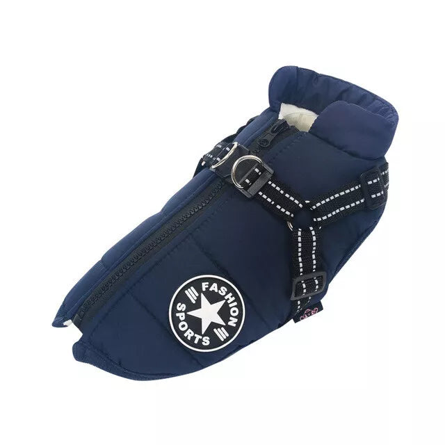 Navy blue dog winter coat with harness, featuring "Fashion Sports" logo. Warm pet apparel for small dogs, adjustable straps, durable material.