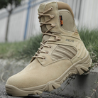 Tactical desert combat boot with durable suede and mesh design, featuring reinforced toe, slip-resistant sole, and secure lacing system for outdoor use.