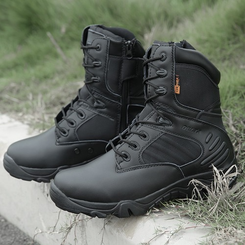 Black tactical combat boots with side zippers and rugged soles, designed for durability and comfort in outdoor activities and military use.