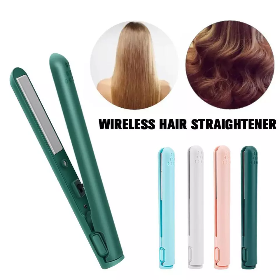 Wireless hair straightener in green, blue, white, and pink. Ideal for sleek, smooth styling. Portable, cordless design for easy use on-the-go.