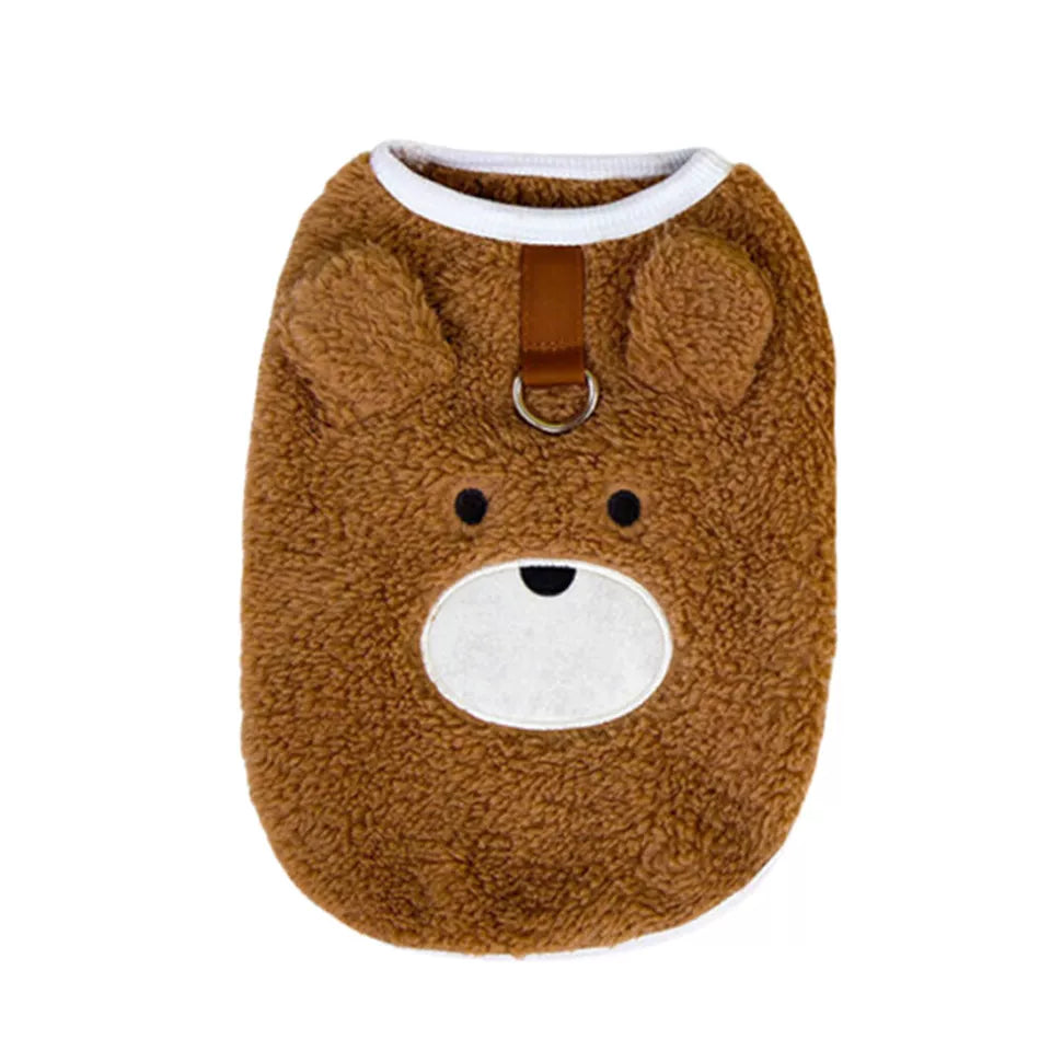 Cute brown teddy bear dog sweater with ears, white trim, and a leash ring. Cozy pet clothing for small dogs. Perfect for winter warmth.