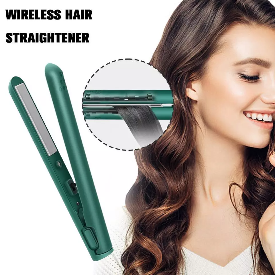 Wireless hair straightener in sleek green design, styling long brown hair. Portable, cordless flat iron for smooth, frizz-free hair styling.