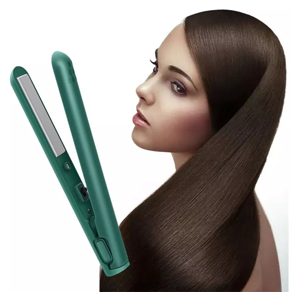 Green hair straightener with ceramic plates, sleek design, shown next to a woman with long, smooth, straight hair. Ideal for salon-quality styling.