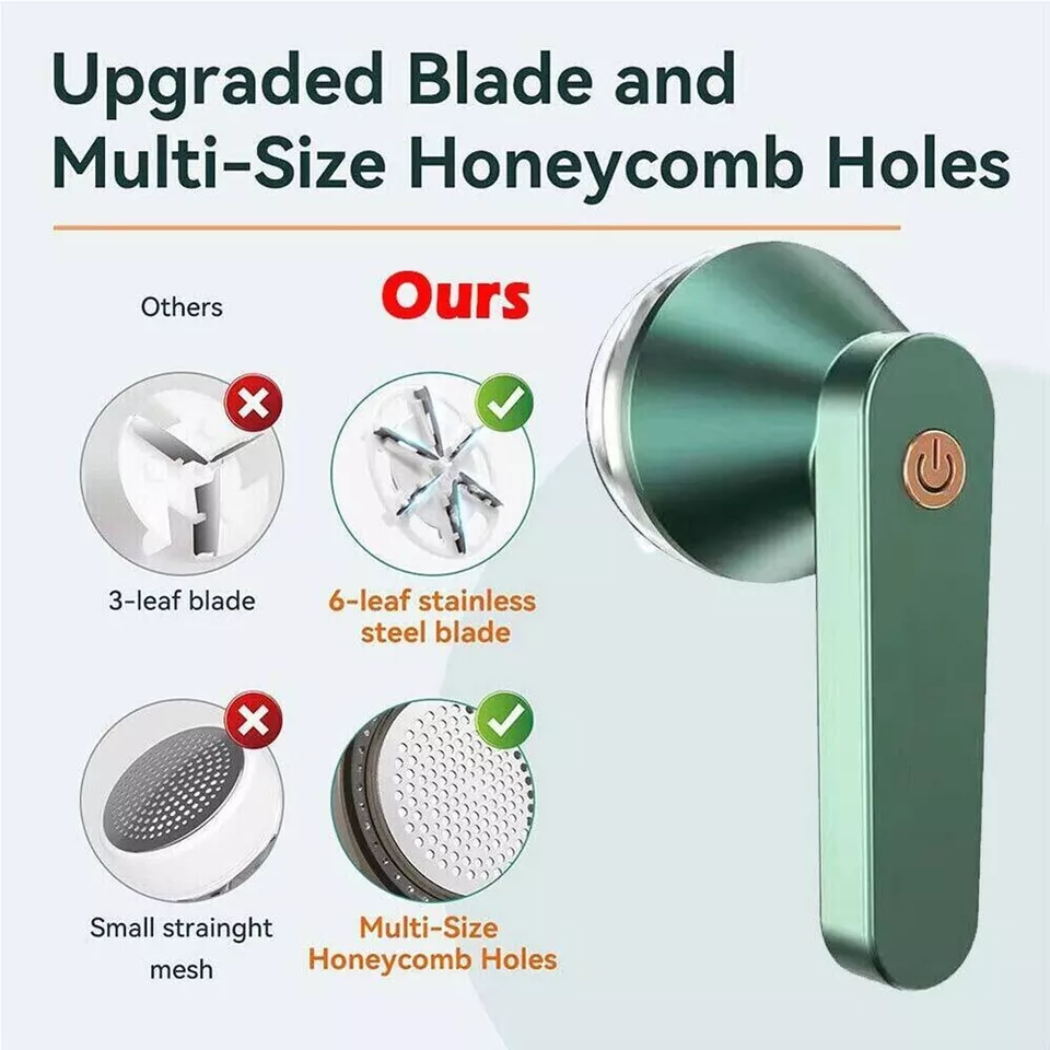 Electric lint remover with upgraded 6-leaf stainless steel blade, multi-size honeycomb holes, and ergonomic design for efficient fabric care.