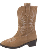 Brown suede cowboy boot with white embroidered starburst design, mid-calf height, and black block heel. Western fashion footwear.