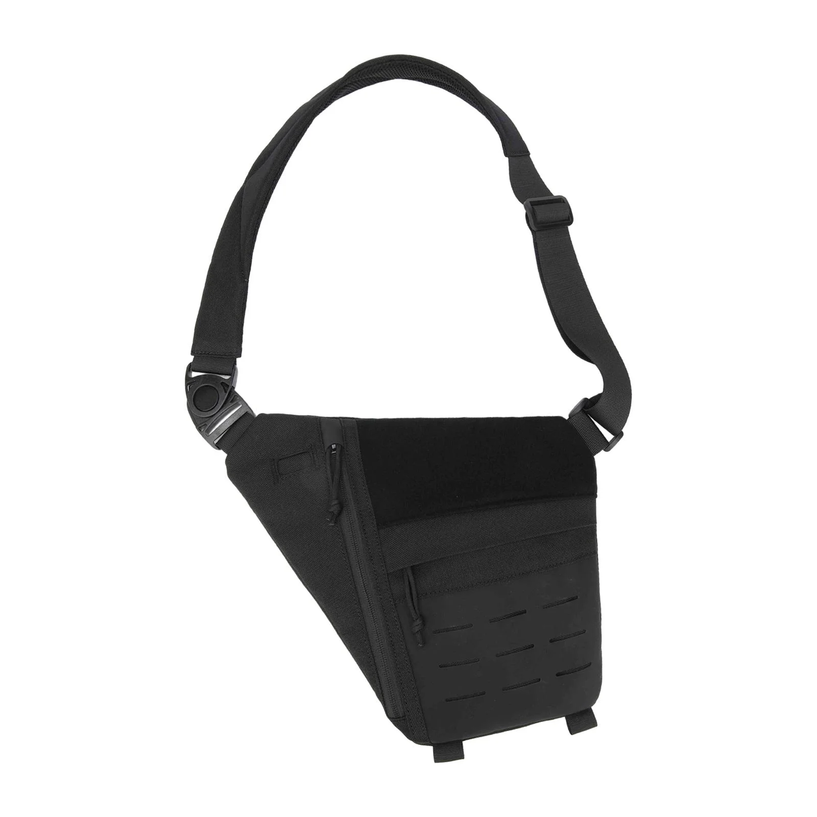 Black men's chest bag for outdoor sports, featuring adjustable strap, multiple compartments, and durable material. Ideal for hiking, biking, and travel.