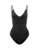 Black seamless shapewear bodysuit with adjustable straps, V-neckline, and high-cut legs. Perfect for slimming, smoothing, and enhancing curves.