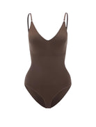 Brown seamless bodysuit with adjustable spaghetti straps, V-neckline, and high-cut legs. Perfect for shapewear or layering. Women's fashion essentials.