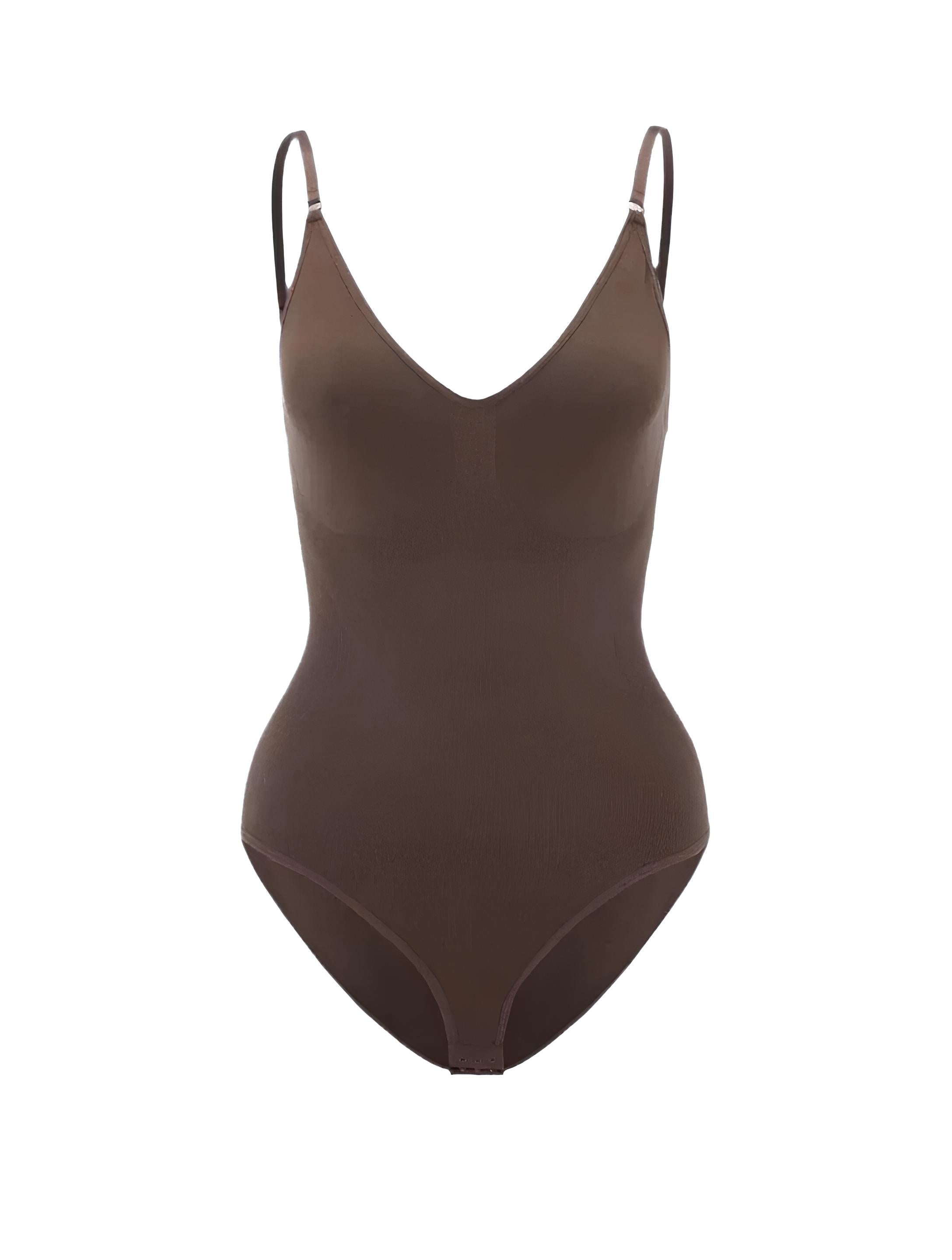 Brown seamless bodysuit with adjustable spaghetti straps, V-neckline, and high-cut legs. Perfect for shapewear or layering. Women's fashion essentials.