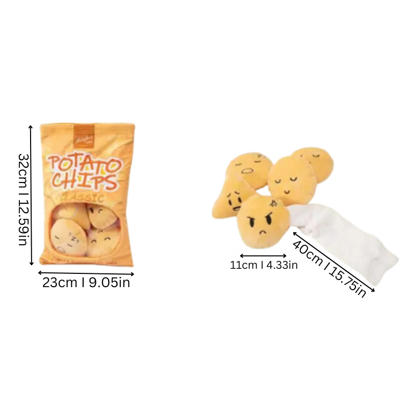 Plush potato chips toy set with bag, featuring cute, expressive faces. Includes dimensions: bag 32cm x 23cm, chips 11cm, perfect for kids' play.