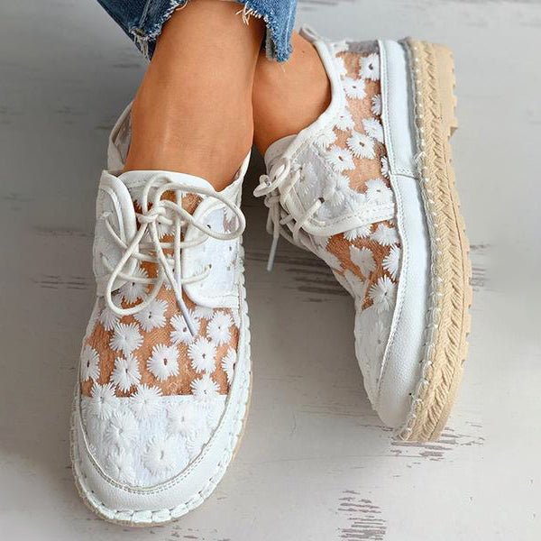 Stylish white floral lace shoes with transparent panels, featuring a casual design and comfortable sole, perfect for summer fashion trends.