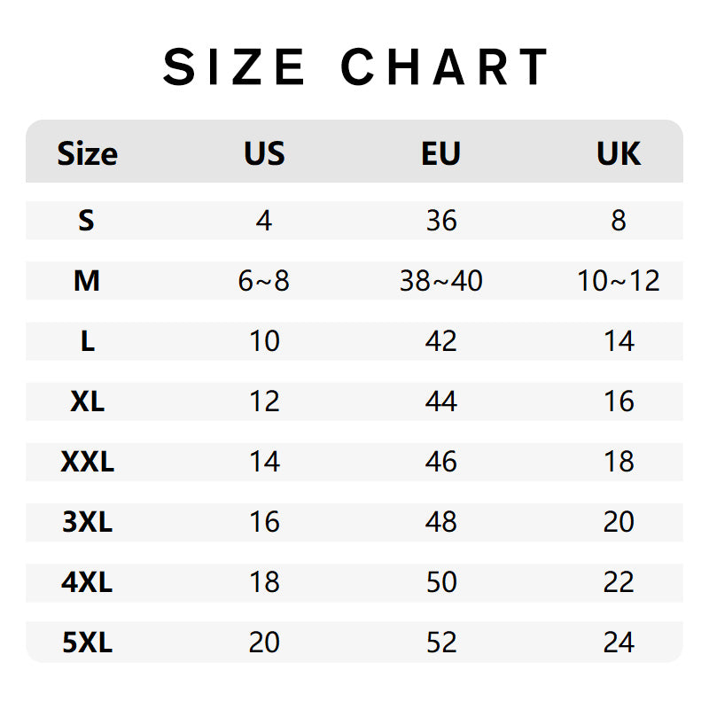 Size chart for clothing featuring US, EU, and UK sizes. Includes sizes S to 5XL, with corresponding numerical values for each region.