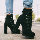 Black suede high heels with 8cm thick heel, rivet details, and lace-up design. Women's fashion footwear, stylish boots, outdoor casual wear.