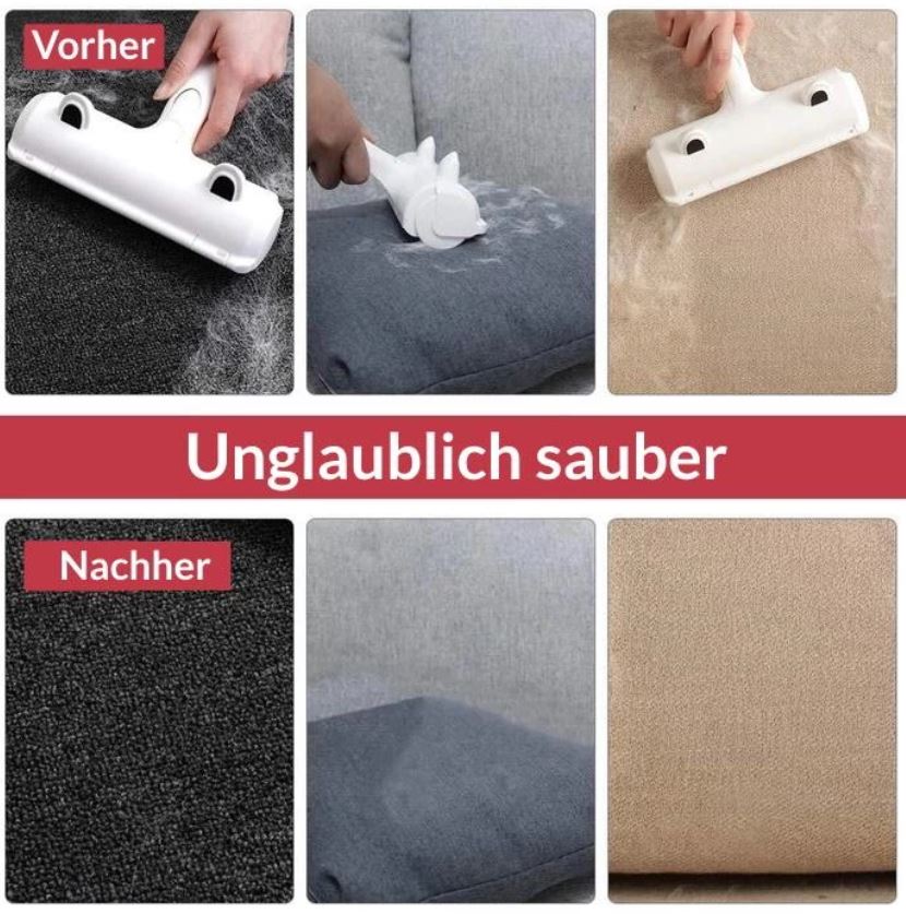 Pet hair remover roller cleaning fabric surfaces, before and after results, effective fur removal.