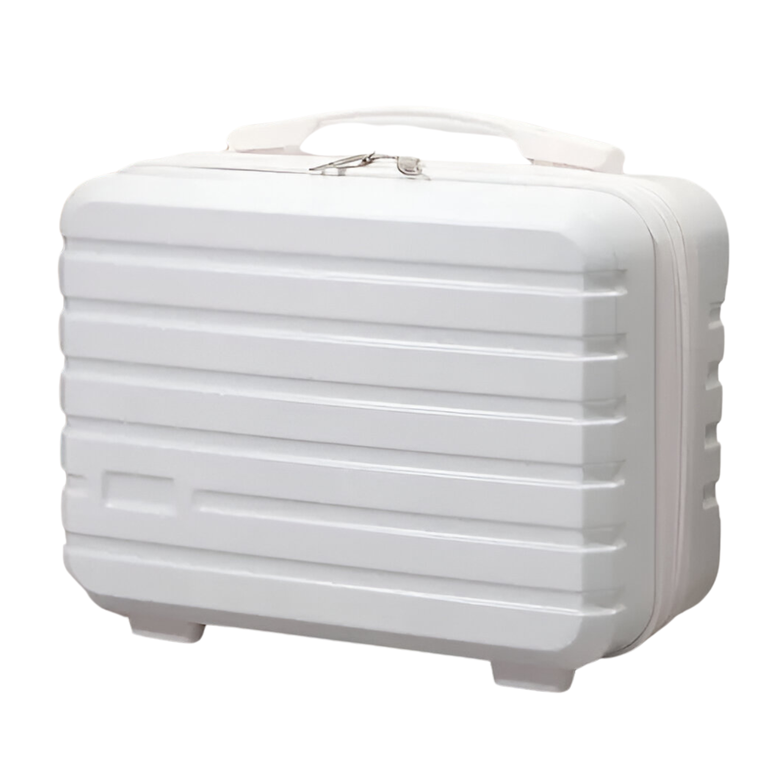 White hard-shell suitcase with horizontal ridges, durable travel luggage, compact design, secure zipper closure, ideal for carry-on or short trips.