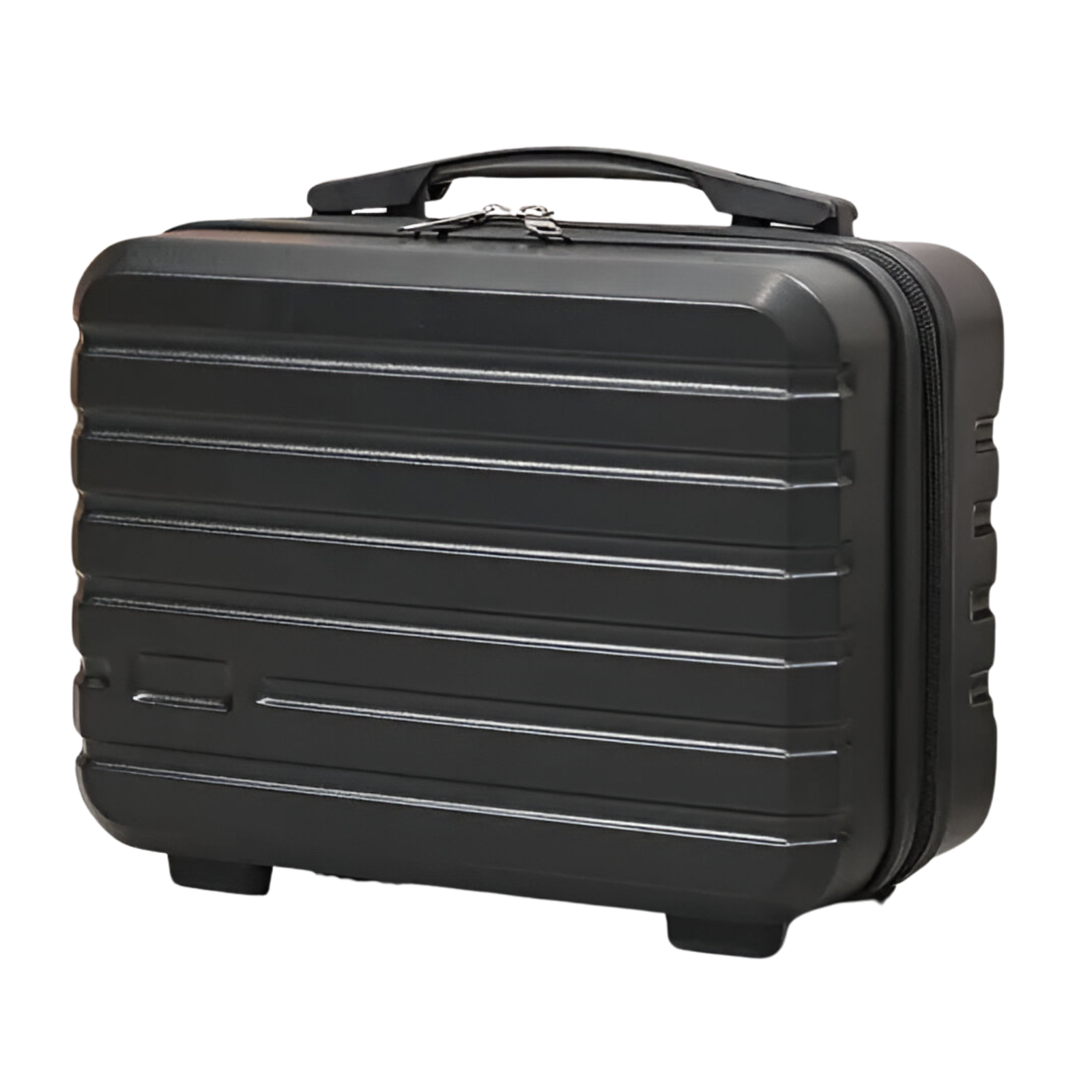 Black hard-shell carry-on suitcase with horizontal ridges, durable zipper, and ergonomic handle. Ideal for travel, lightweight luggage, compact design.