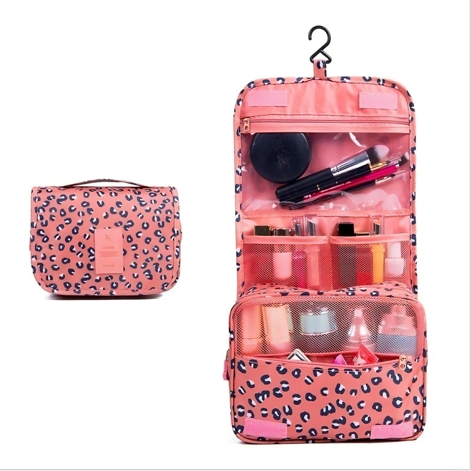 Hanging pink leopard print travel toiletry bag with multiple compartments, ideal for organizing makeup and cosmetics. Perfect for travel essentials.