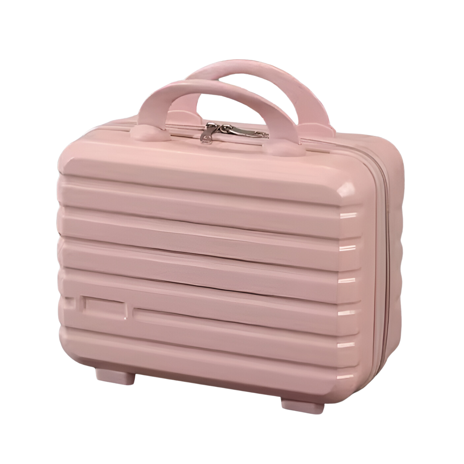 Pink hard-shell travel vanity case with textured design, dual handles, and secure zipper closure. Ideal for cosmetics and toiletries storage.