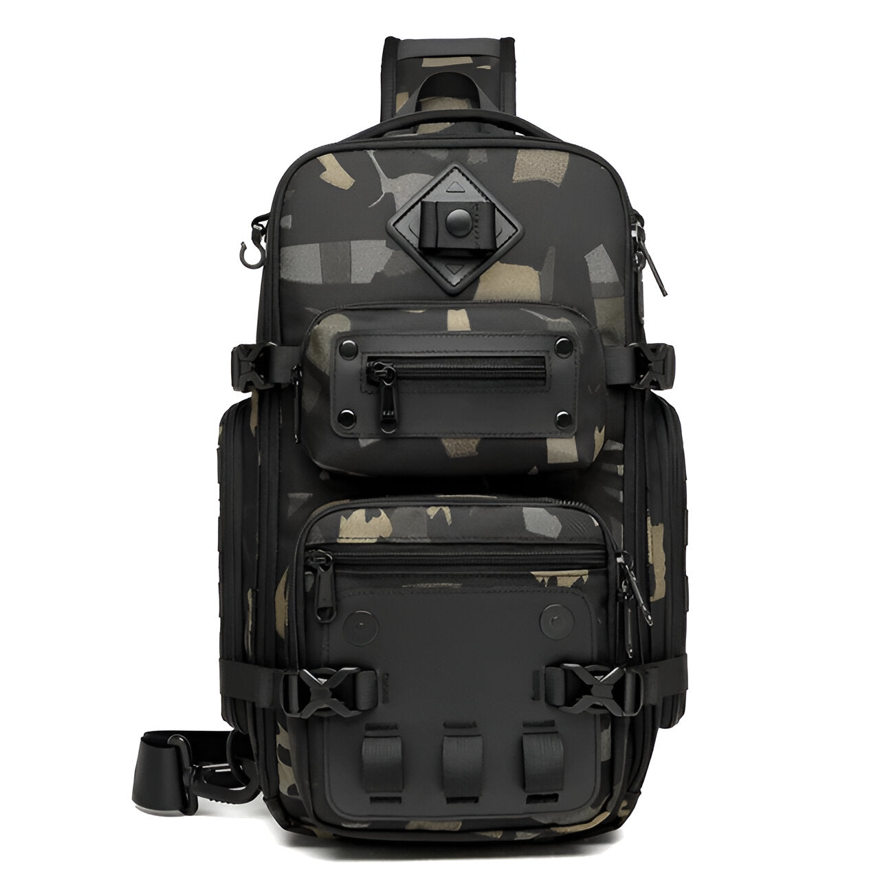 Tactical camo sling backpack with multiple compartments, durable zippers, and adjustable strap. Ideal for outdoor activities, hiking, and travel.