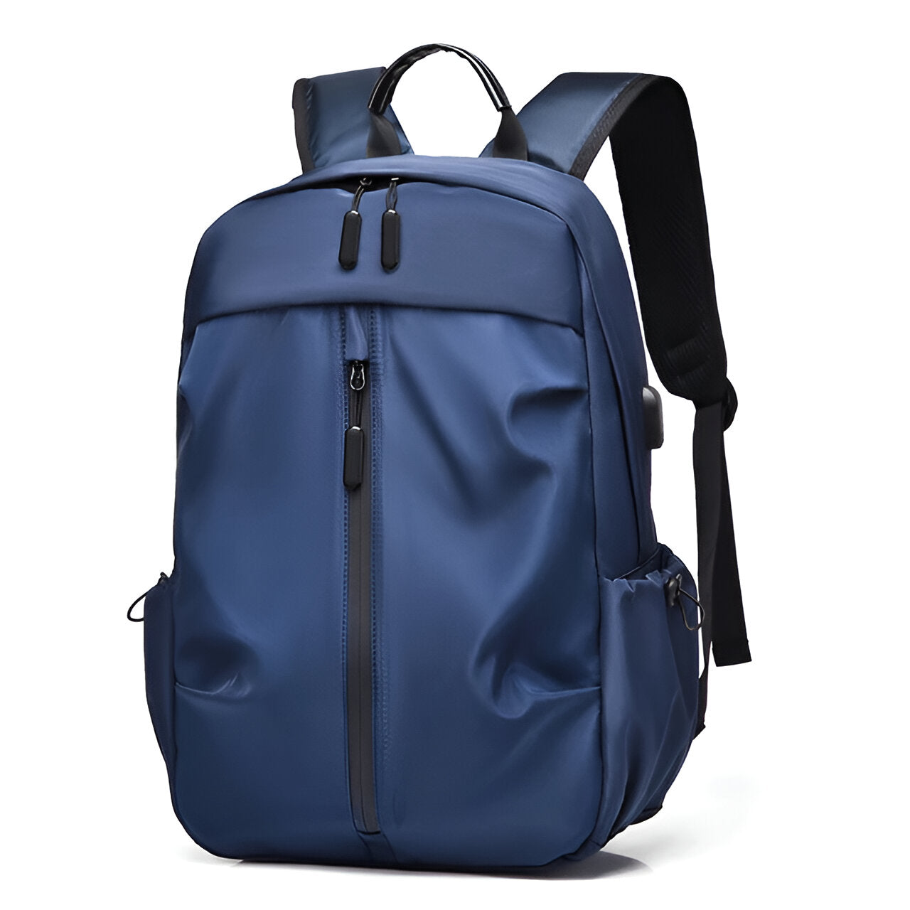 Sleek blue waterproof backpack with multiple compartments, ergonomic straps, and USB charging port. Ideal for travel, school, or work.