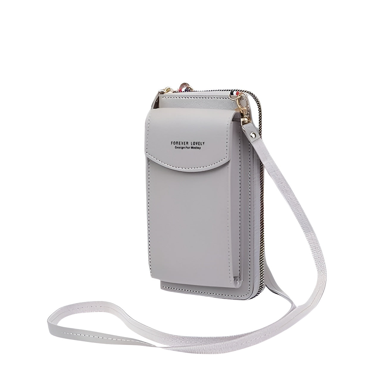 Gray leather crossbody phone bag with adjustable strap, front pocket, and "Forever Lovely" text. Stylish, compact, and perfect for on-the-go use.