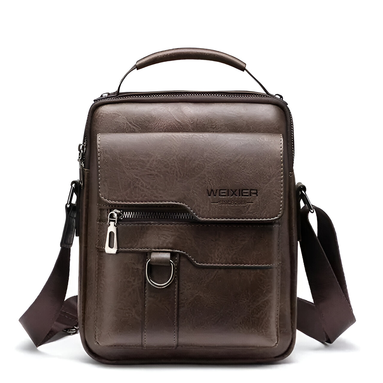 Brown leather crossbody bag with adjustable strap, front zipper pocket, and metal ring. Stylish men's shoulder bag for travel or daily use.