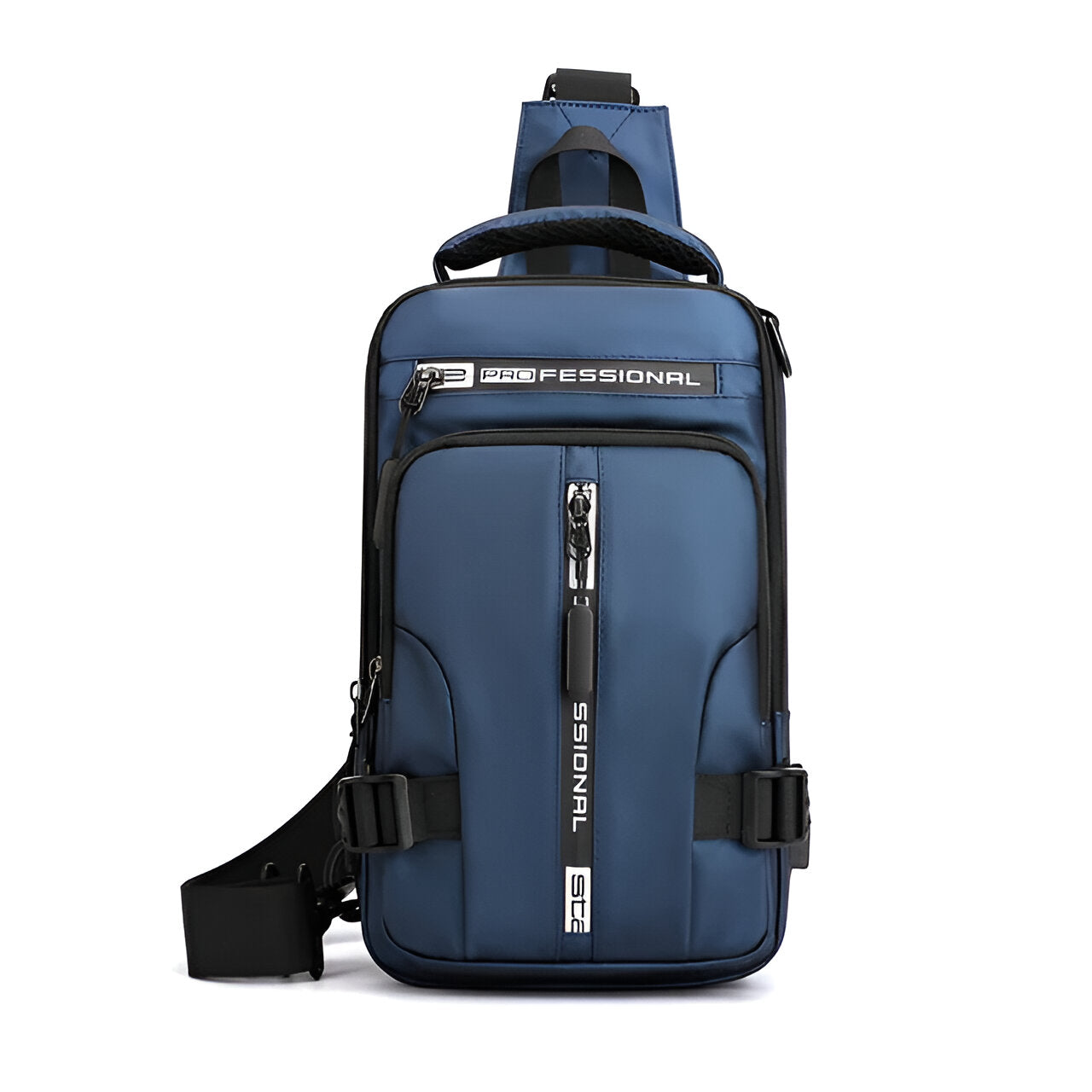 Blue professional crossbody sling bag with multiple zippered compartments, adjustable strap, and sleek design. Ideal for travel and daily use.