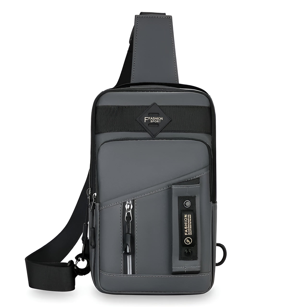 Sleek gray crossbody sling bag with multiple zippered compartments, adjustable strap, and modern design. Ideal for travel, urban style, and convenience.