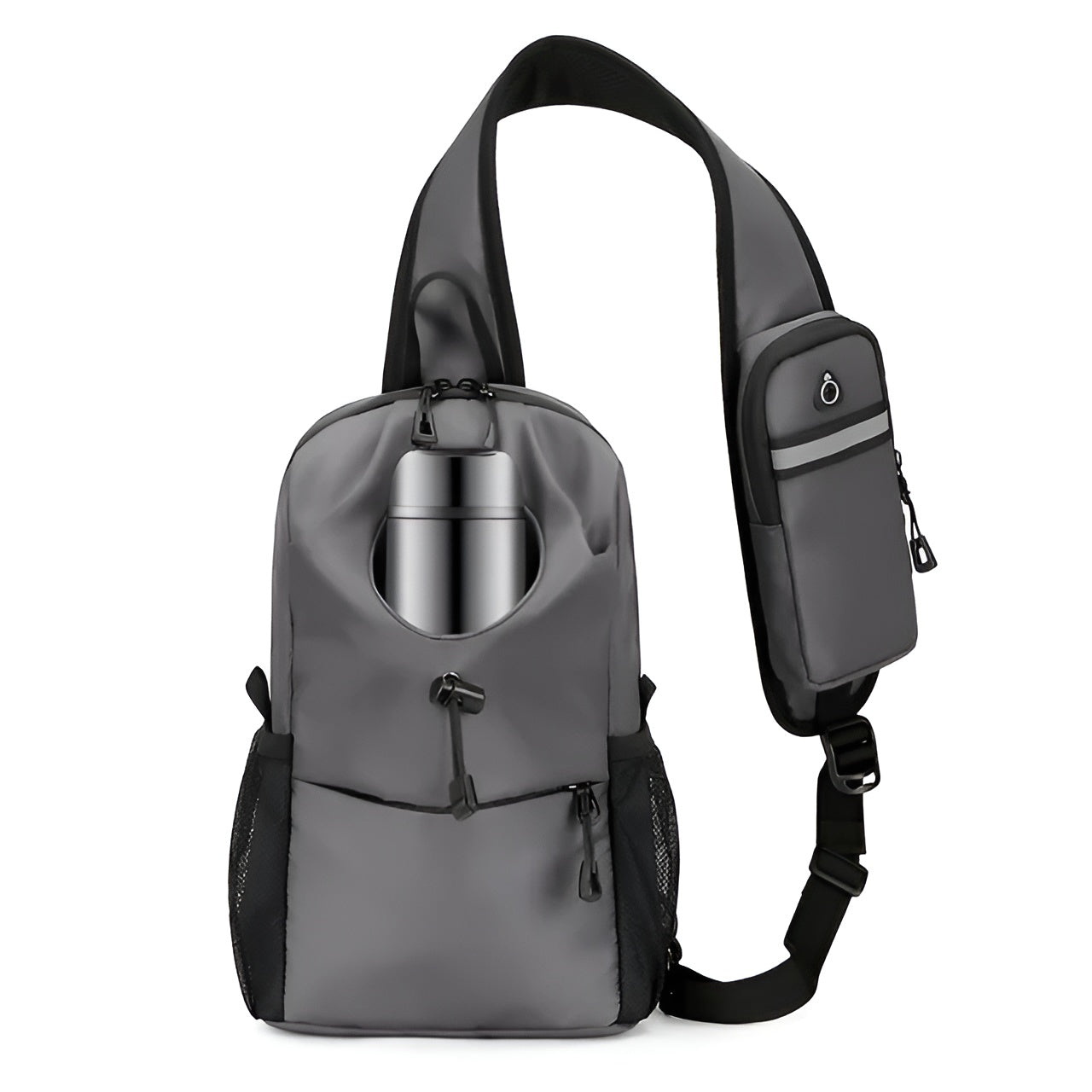 Sleek gray sling backpack with water bottle holder, adjustable strap, and front zip pocket. Ideal for travel, hiking, and daily use.