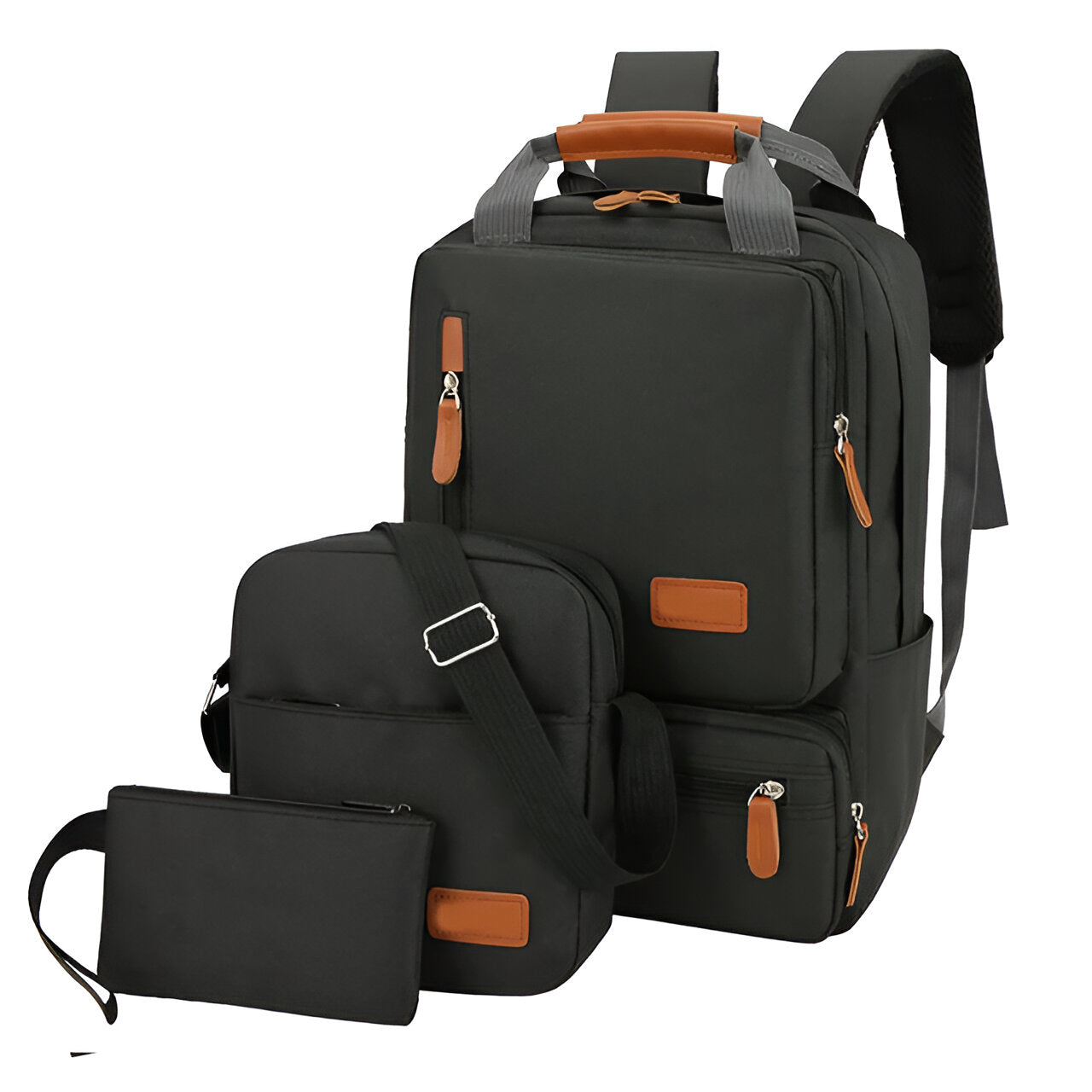 Black travel backpack set with matching shoulder bag and pouch, featuring leather accents and multiple compartments. Ideal for school, work, or travel.