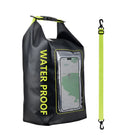 Waterproof dry bag with transparent phone pocket, black and neon green, includes detachable strap. Ideal for outdoor activities and water sports.