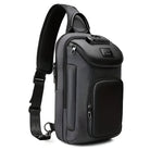 Sleek black crossbody sling bag with multiple zippered compartments, adjustable strap, and durable material. Ideal for travel, hiking, and daily use.