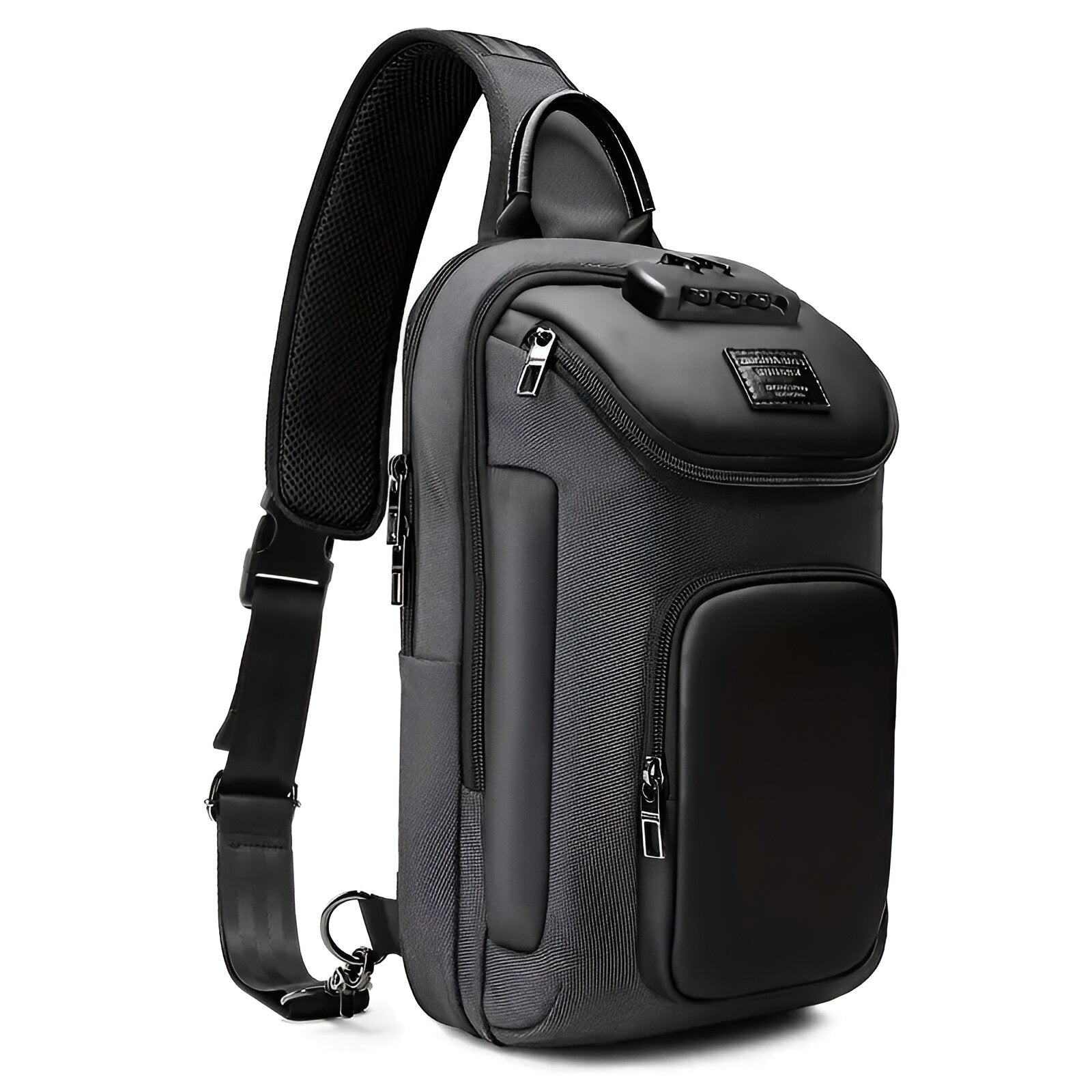 Sleek black crossbody sling bag with multiple zippered compartments, adjustable strap, and durable material. Ideal for travel, hiking, and daily use.